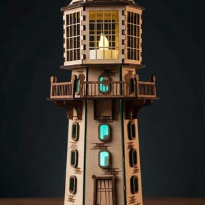 May include: A wooden lighthouse model with a light inside. The lighthouse has a detailed design with windows, a balcony, and a peaked roof. The windows glow with a soft light, and the overall color scheme is natural wood tones with green accents.