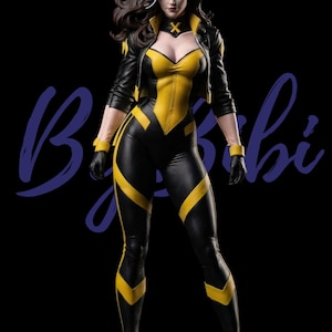 Puede incluir: Estatua de Rogue en pose dinámica, con un body negro y amarillo con chaqueta a juego. Su cabello castaño tiene una raya blanca, y el fondo es negro con el nombre "By Kibi" en cursiva.