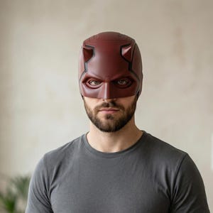 Puede incluir: Una máscara de superhéroe de color burdeos con detalles negros, que presenta un diseño de cuernos distintivo. La máscara cubre la parte superior de la cara, con aberturas para los ojos y un área nasal definida. La máscara probablemente está hecha de un material duradero.