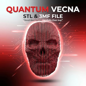 Puede incluir: Un diseño de calavera roja y negra hecho de líneas verticales, con el texto "QUANTUM VECNA STL & 3MF FILE" en rojo y blanco. La imagen también incluye el texto "Read description carefully then buy". El fondo es un degradado de rojo y blanco.