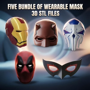 May include: Five wearable mask 3D STL files. The image displays five different masks. The masks include Iron Man, Daredevil, a white and blue mask, Deadpool, and a black and red mask. The text "FIVE BUNDLE OF WEARABLE MASK 3D STL FILES" is at the top.