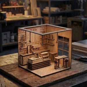 Op de afbeelding: Een gedetailleerd miniatuur houten model van een koffiebar, met lasergesneden details. Het model heeft een toonbank, planken, een menu en een kleine tafel met krukken. De tekst "Coffee Anywhere, Anytime" is zichtbaar. Het model staat op een houten oppervlak.