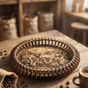 Puede incluir: Bandeja redonda de madera con un diseño detallado de mapa del mundo tallado. La bandeja tiene un borde de listones y está colocada sobre una mesa de madera. También se ven granos de café y una taza de café.