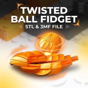 Könnte beinhalten: Orangefarbenes 3D-gedrucktes "Twisted Ball Fidget" mit dem Text "Twisted Ball Fidget STL & 3MF File". Das Bild zeigt einen Ball und eine segmentierte Form, beide in Orange, mit leuchtenden orangefarbenen Linien. Der Hintergrund ist ein Gradient aus Weiß und Gelb.