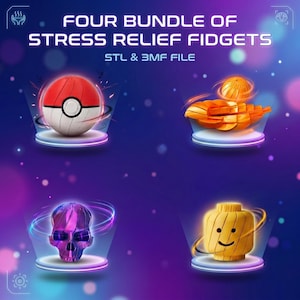 Può includere: Un pacchetto digitale di quattro fidget antistress che include una palla rossa e bianca, un frutto arancione segmentato, un teschio metallico viola e una testa gialla a forma di blocco. Il testo recita FOUR BUNDLE OF STRESS RELIEF FIDGETS STL & 3MF FILE.