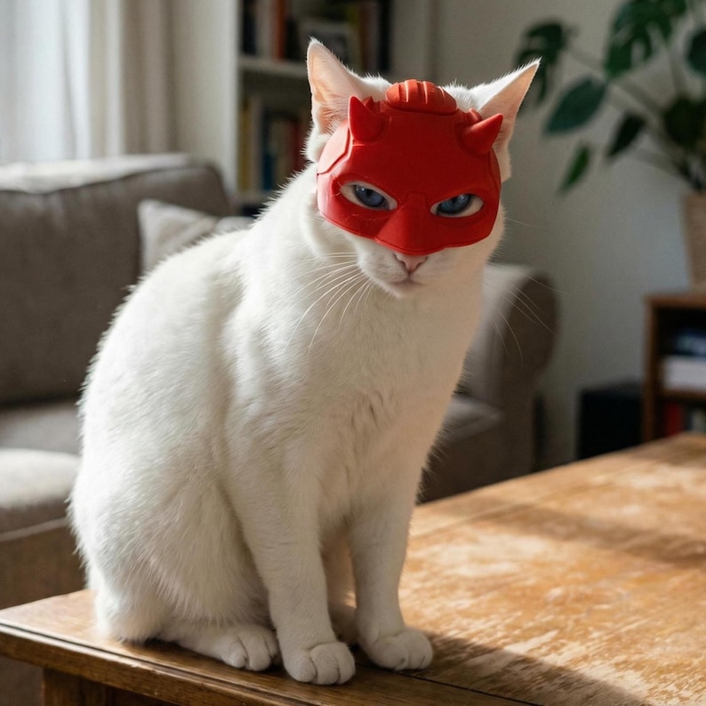 K&ouml;nnte beinhalten: Eine wei&szlig;e Katze mit blauen Augen tr&auml;gt eine rote Maske mit H&ouml;rnern und sitzt auf einem Holztisch. Der Hintergrund zeigt ein Wohnzimmer mit Sofa und B&uuml;cherregalen.