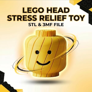 May include: A yellow Lego head stress relief toy with a smiling face. The image includes the text "LEGO HEAD STRESS RELIEF TOY" and "STL & 3MF FILE". The toy has a cylindrical neck and vertical lines on the head.