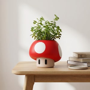 Op de afbeelding: Een rode paddenstoelvormige plantenbak met witte stippen, gevuld met groene bladplanten. De plantenbak staat op een lichtgekleurde houten tafel. Een stapel boeken en een klein bord staan ook op de tafel.