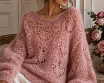 Patrón de suéter rosa de ganchillo en PDF, patrón de suéter de mohair extragrande, jersey de punto grueso, patrón de vestido acogedor de ganchillo con cuello en V