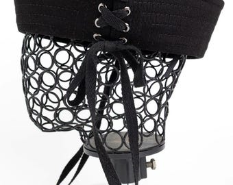 Black Sailor Hat with Lace-Up Detail – Cotton Fabric Women's Headwear