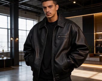 Herren Vintage Handgefertigte Schwarze Schaffell Leder Bomberjacke Übergroße Baggy Fit Geschenk für Ihn