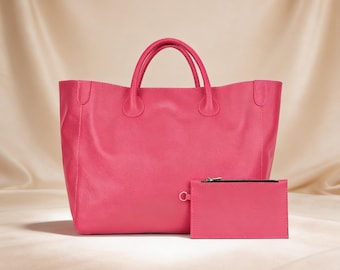 Hot Pink Genuine Leather Tote Bag: Oversized Work Travel Carryall Purse