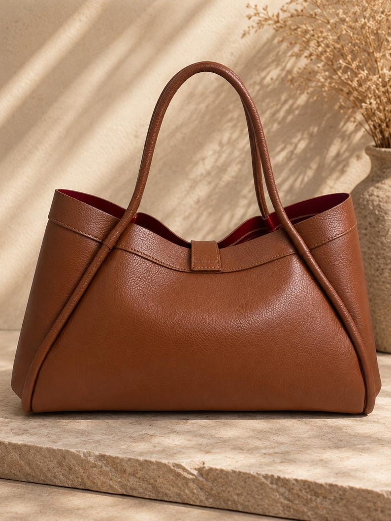 Fashionable genuine leather tote bag for women styled in elegant luxury product photography scene.