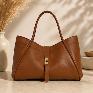 Blue calf leather tote bag photographed in clean premium studio setup with luxury fashion styling.