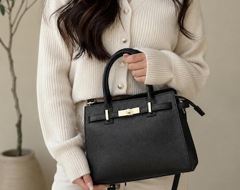 Personalized Calf Leather Tote Bag, Structured Work Purse, Gold-Tone Hardware Shoulder Bag