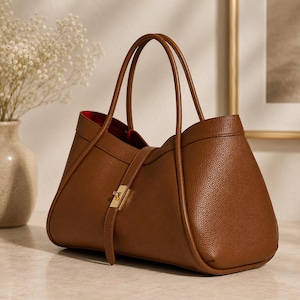 Luxury brown calf leather handbag with spacious interior and modern everyday tote bag design.