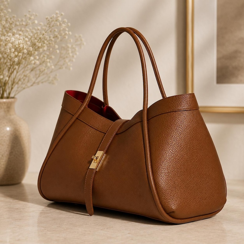Luxury brown calf leather handbag with spacious interior and modern everyday tote bag design.