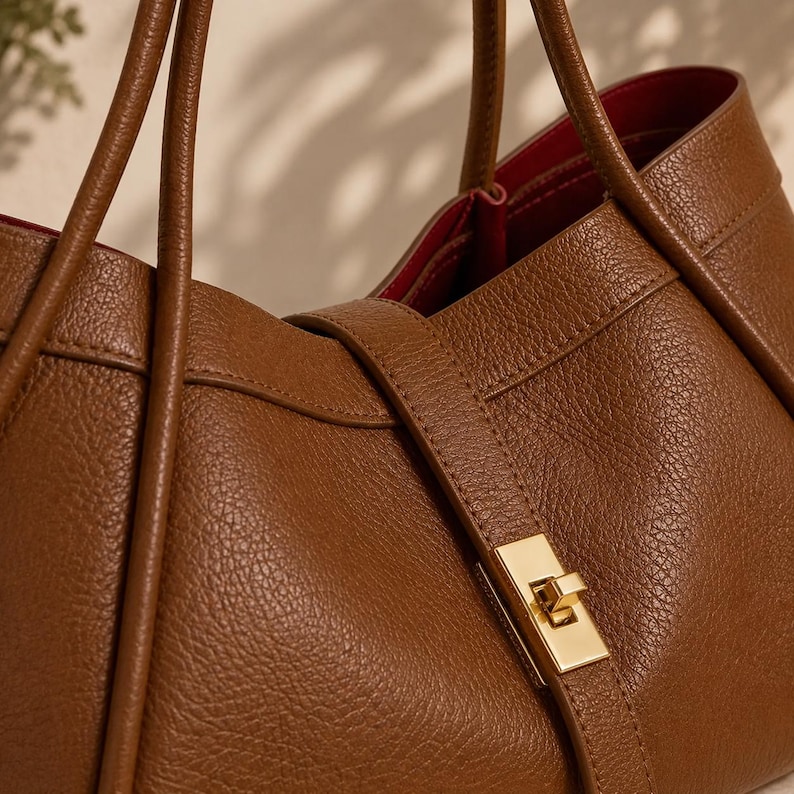 Soft pink leather tote purse for women with elegant gold closure and minimalist aesthetic styling.