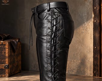 Schnürhose aus echtem Lammleder, Gothic-Bikerhose, Rocker-Jeans mit seitlicher Schnürung