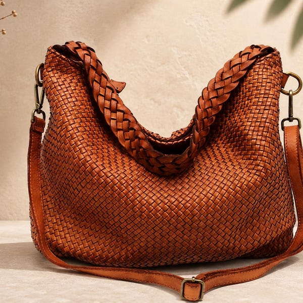Handwoven Italian Leather Hobo Bag, Genuine Cow Leather Shoulder Purse