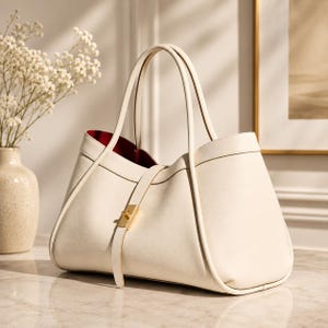 Elegant cream calf leather tote bag with gold hardware displayed in soft luxury studio background.
