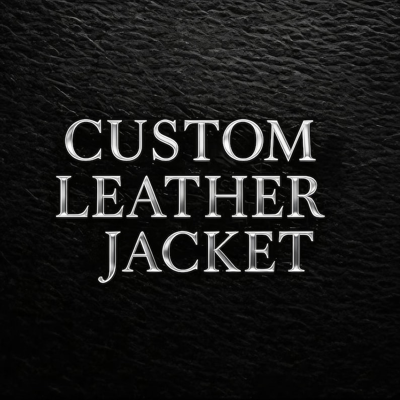 Premium custom leather jacket branding with elegant silver embossed typography on black leather surface