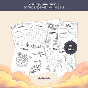 Può includere: Un pacchetto di diario annuale con 192 pagine nei formati A4 e A5. La collezione include fogli stampabili in bianco e nero con calendari mensili, tracker dell'umore e pagine di riflessione decorate con illustrazioni stagionali come fiori e alberi.