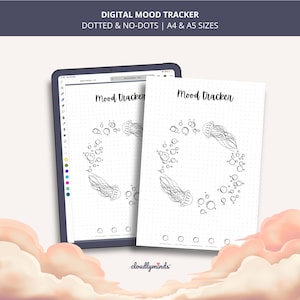 May include: A digital mood tracker template displayed on a tablet and a printed sheet, featuring a dotted grid, the text "Mood tracker," and black and white line art illustrations of jellyfish and bubbles for daily tracking in A4 and A5 sizes.