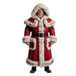Cappotto lungo da Babbo Natale in pelle rossa stile western - Abiti da notte di Natale per adulti - Abito da prete