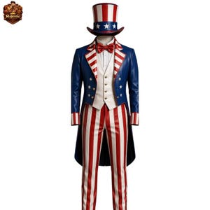 Op de afbeelding: Een Uncle Sam-kostuum met een blauwe jas met witte sterren, een wit vest en een rood-wit gestreepte broek. De outfit bevat een bijpassende hoge hoed en vlinderdas, perfect voor thema-evenementen.