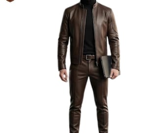 Businessmen Luxury Brown Leather Suit - Two-Piece Genuine Leather Jacket and Pants Set