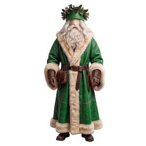 Cappotto di pelle da Babbo Natale in stile medievale - Tunica da Mago Verde per Cosplay - Costume di Natale con Agrifoglio