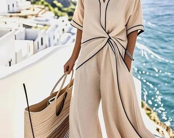 Vestido maxi casual de verano con cuello en V y bolsillos, estilo minimalista.