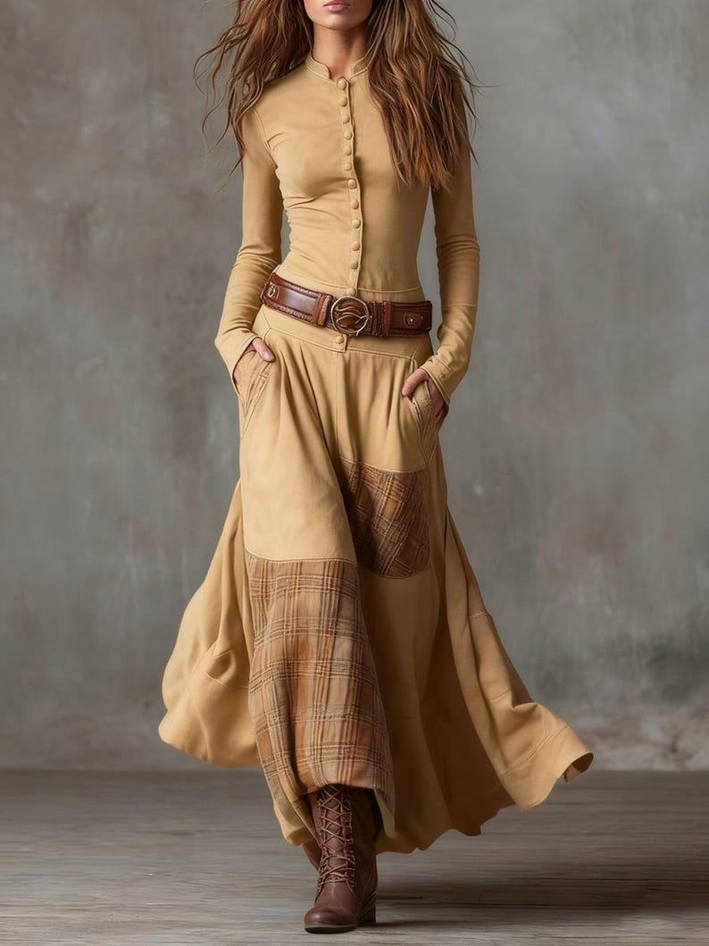 May include: A long-sleeved, button-down dress in a tan color, featuring a brown leather belt with a decorative buckle. The dress has a flowing skirt with plaid patches and is paired with brown boots.