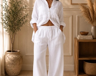 Conjunto de ropa de descanso para mujer de algodón y lino, camisa abotonada, pantalones de pierna ancha, atuendo informal de viaje, resort.