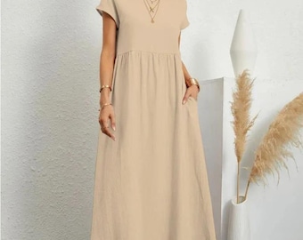 Vestido maxi boho com bolsos, mistura de algodão e linho, modelo midi fluido para o verão.