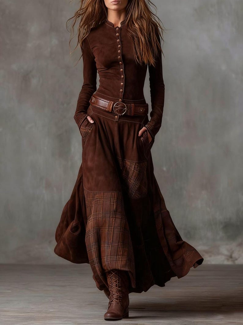 May include: A brown suede-like dress with a long-sleeved button-up top and a flowing skirt. The dress features a brown leather belt with a circular buckle and pockets. The skirt has plaid panels. Brown lace-up boots complete the outfit.