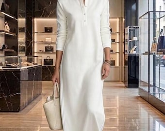 Vestido maxi minimalista com bolsos | Vestido casual de manga comprida e modelagem solta para o dia a dia