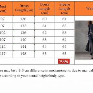 May include: A chart with size measurements for a long-sleeved dress. The chart includes bust, dress length, dress length, and sleeve length in centimeters, and weight in grams. A woman is wearing the dress in the image.