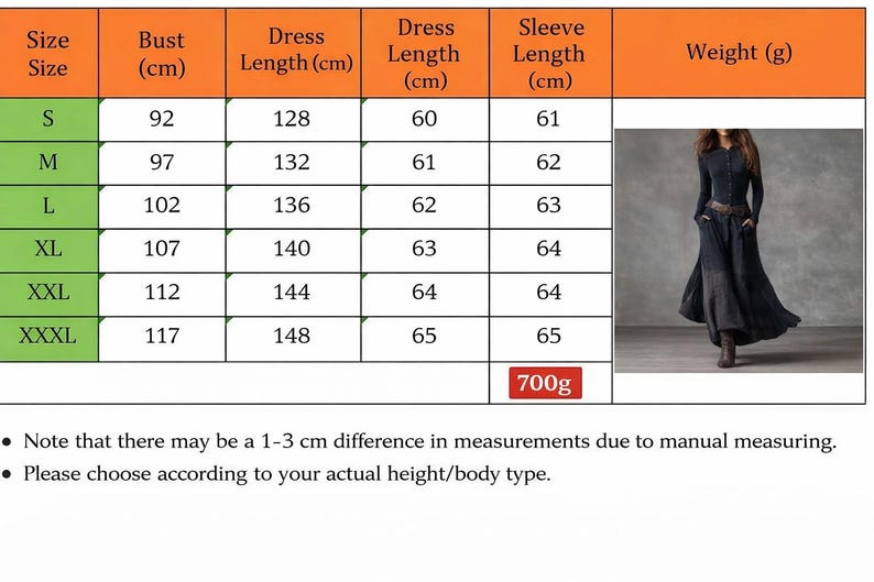 May include: A chart with size measurements for a long-sleeved dress. The chart includes bust, dress length, dress length, and sleeve length in centimeters, and weight in grams. A woman is wearing the dress in the image.