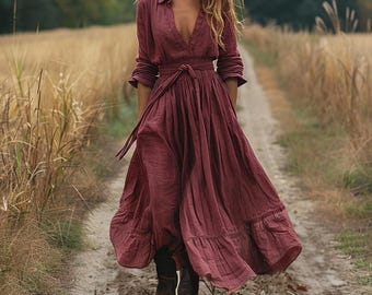 Boho Prairie Maxi Dress Cottagecore Vintage Long Sleeve Rustic Style Dress