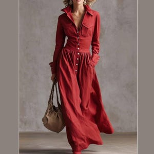 Vestido largo vintage con botones, manga larga, algodón y lino, estilo bohemio fluido, con bolsillos.