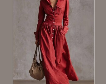 Vestido longo vintage com botões, mangas compridas, estilo boho, em algodão e linho, com bolsos.