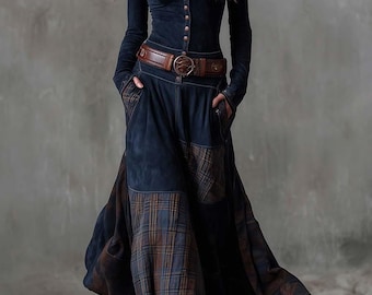 Abito lungo in pelle scamosciata stile vintage a maniche lunghe, abito da donna con bottoni sul davanti, abito boho cottagecore