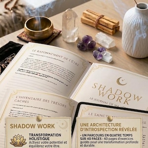 Peut inclure: Une composition spirituelle avec un livre ouvert intitulé "Shadow Work", des cristaux et un bol en laiton. Une tige de feuille d'or et des bâtons d'encens sont également présents. Thème : bien-être et développement personnel.