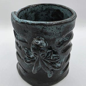 Octopus mug- ocean theme handmade pottery- black clay