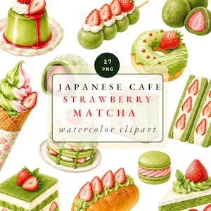 May include: A collection of watercolour illustrations featuring matcha and strawberry desserts, including pudding, dango, a doughnut, mochi, soft serve, pancakes, sandwiches, a macaron, and cake slices. Text reads: 27 PNG JAPANESE CAFE STRAWBERRY MATCHA watercolour clipart.