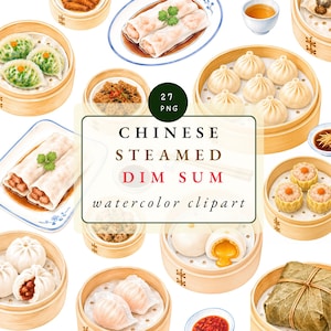 Paquete de imágenes prediseñadas de acuarela de dim sum chino, dumpling PNG, siu mai har gow xiao long bao, pegatina imprimible para planificador de comida asiática