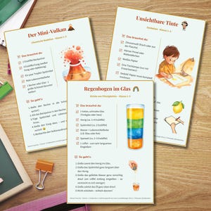 Op de afbeelding: Drie educatieve experimentkaarten getiteld Der Mini-Vulkan, Unsichtbare Tinte en Regenbogen im Glas. Elke kaart bevat Duitse tekst, genummerde instructies, ingrediëntenlijsten met selectievakjes en kleurrijke illustraties van wetenschappelijke projecten.