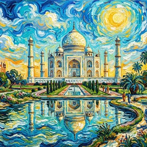 Può includere: Un dipinto impressionista del Taj Mahal, un mausoleo in marmo bianco con minareti, ambientato su un cielo vibrante. L'opera d'arte include una piscina riflettente, palme e figure, rese con pennellate audaci.